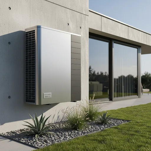 Moderna unidad exterior de aerotermia instalada en vivienda contemporánea